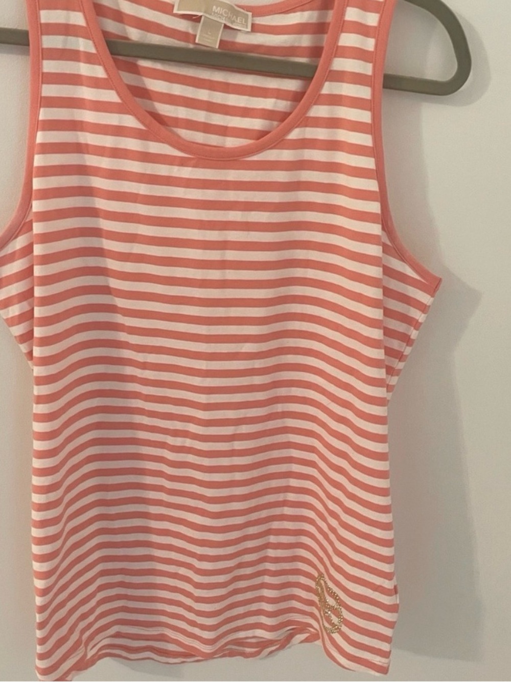 MICHAEL Michael Kors Coral White Striped Rhinestone Logo Tank L NWOT